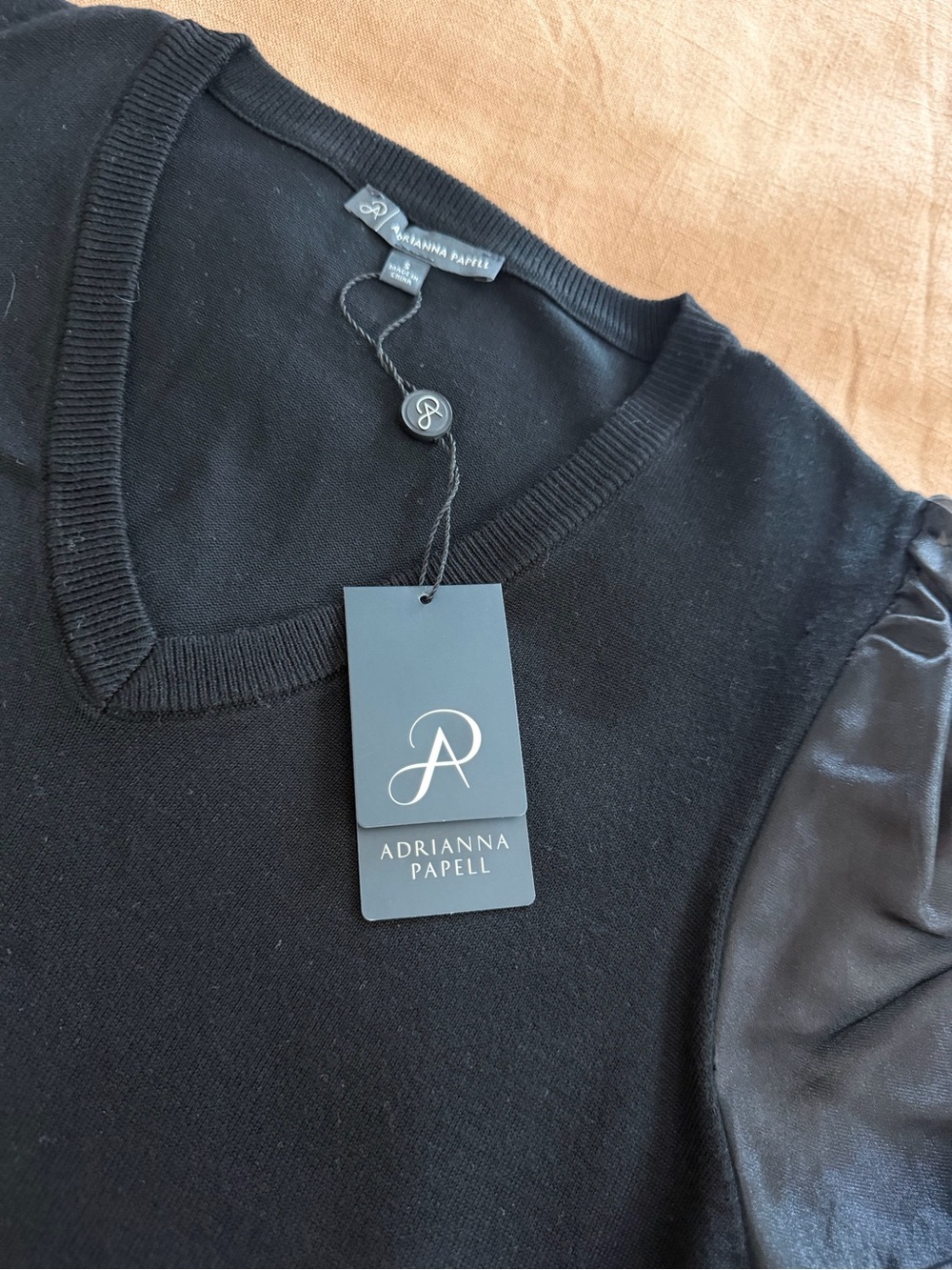 Adrianna Papell Black V-Neck Sweater with Sheer Sleeves - Size Small